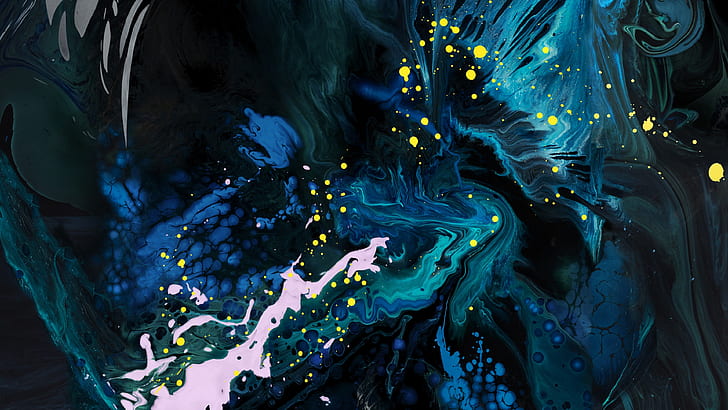 blue, splash, fractal, abstract art, abstraction, darkness, paint, HD wallpaper