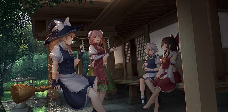 Anime, Touhou, Hong Meiling, Marisa Kirisame, Reimu Hakurei und Sakuya Izayoi, HD-Hintergrundbild