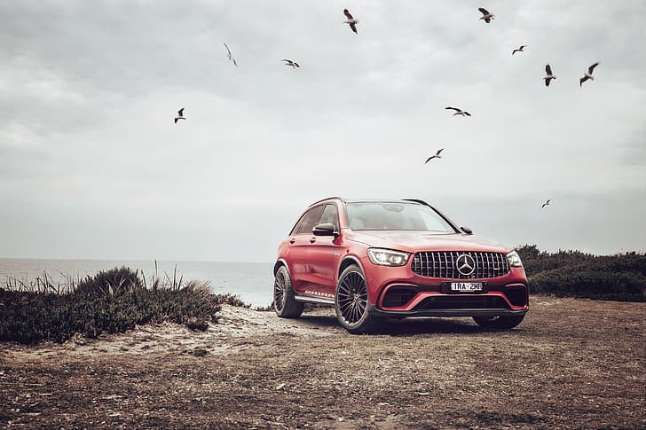 Merah, Burung Camar, Pantai, Mobil, Mercedes-AMG GLC 63 S 4MATIC+, Wallpaper HD