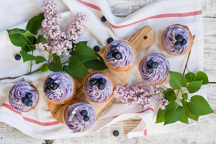 blueberry cupcakes, muffins, blueberry, cream, lilac, HD wallpaper