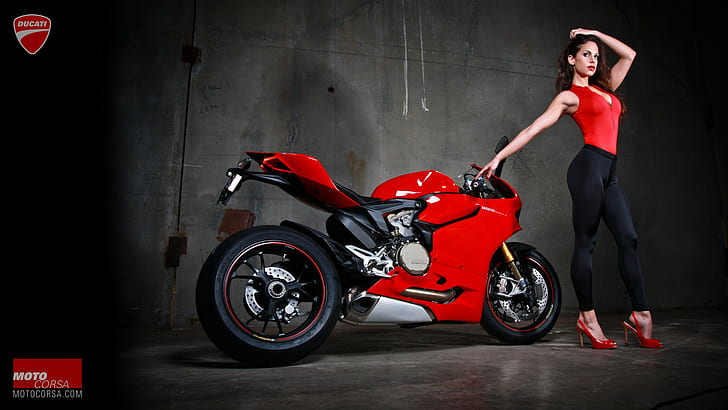 tight clothing, hands on head, red heels, motorcycle, high heels, Ducati 1199, women with bikes, HD wallpaper