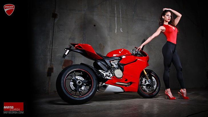 women with bikes, Ducati 1199, motorcycle, tight clothing, high heels, red heels, hands on head, HD wallpaper