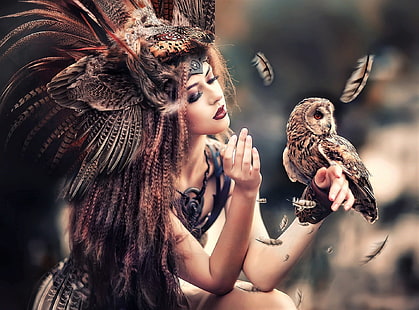 Women, Native American, Feather, Girl, Headdress, Lipstick, Owl, Woman, HD wallpaper HD wallpaper