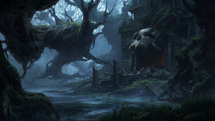 skull, dark, tree bark, castle, magic, evil, swamp, forest, HD wallpaper