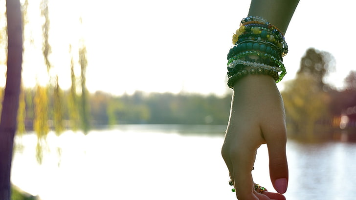 women, hands, lake, bangles, bracelets, depth of field, HD wallpaper