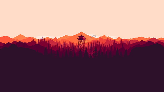 brown tower house digital wallpaper, orange and red mountain illustration, Firewatch, video games, mountains, nature, landscape, artwork, minimalism, fire lookout tower, forest, tower, Olly Moss, illustration, digital art, 2016 (Year), HD wallpaper HD wallpaper