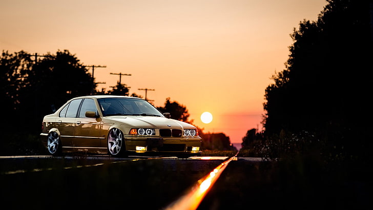 car, BMW, railway, BMW E36, sunset, HD wallpaper