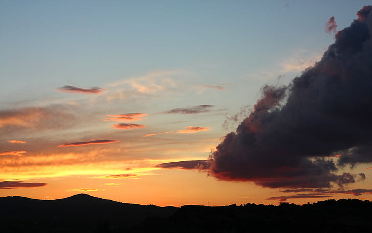 landscape, skyscape, clouds, sunset, silhouette, purple sky, HD wallpaper