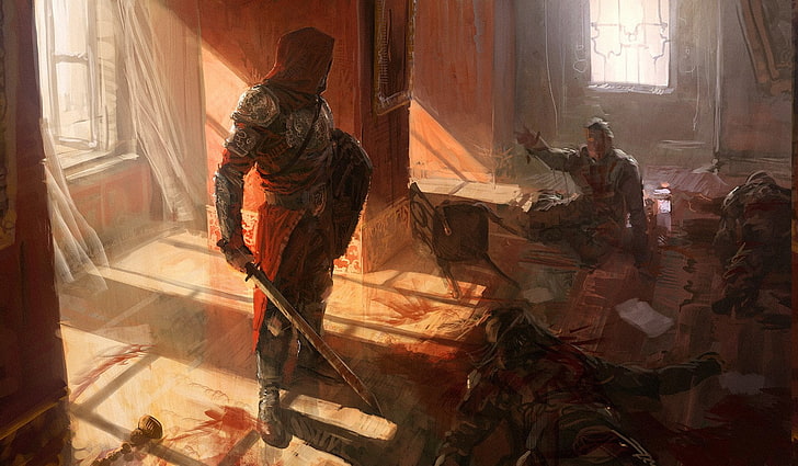 Andree Wallin, asesino, sangre, arte conceptual, arte de fantasía, medieval, escudos, espada, guerrero, Fondo de pantalla HD