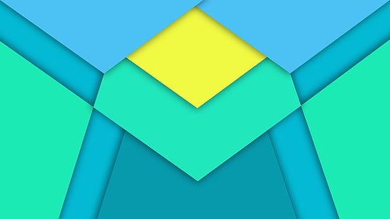 papel tapiz digital azul, verde, verde azulado y amarillo, minimalismo, abstracto, arte digital, líneas, triángulo, diamantes, estilo material, Fondo de pantalla HD HD wallpaper