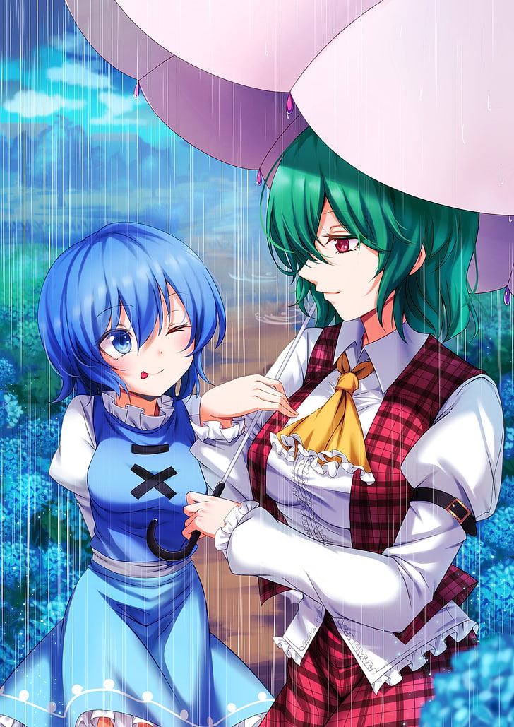Anime, Anime Girls, kurze Haare, grüne Haare, blaue Haare, rote Augen, blaue Augen, Regen, Blumen, Touhou, HD-Hintergrundbild, Handy-Hintergrundbild