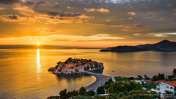 Wyspa Sveti Stefan, Morze Adriatyckie, Czarnogóra, wyspy, Tapety HD
