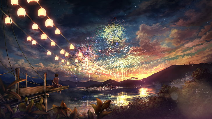 fireworks display wallpaper, Anime, Original, Colorful, Festival, Fireworks, Glow, Lake, Lantern, Original (Anime), Painting, Reflection, Sitting, Sunset, Water, HD wallpaper