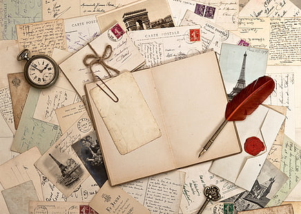 pena bulu merah, retro, pena, arloji, kunci, buku, foto, vintage, surat, merek, Wallpaper HD HD wallpaper