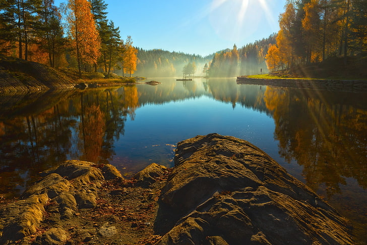 ภูมิทัศน์หินน้ำต้นไม้ดวงอาทิตย์ธรรมชาติทะเลสาบสะท้อน, วอลล์เปเปอร์ HD