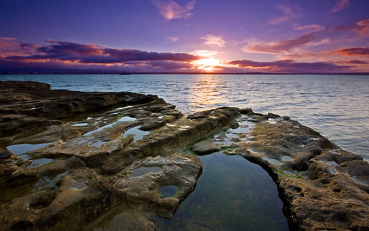 Auckl Sunset, brown rock formation beside seashore photo, sunset, auckland, HD wallpaper