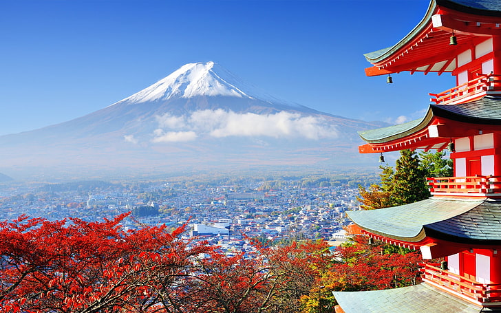 Mt.Фудзи, Япония, горы, гора Фудзи, азиатская архитектура, здания, природа, деревья, HD обои
