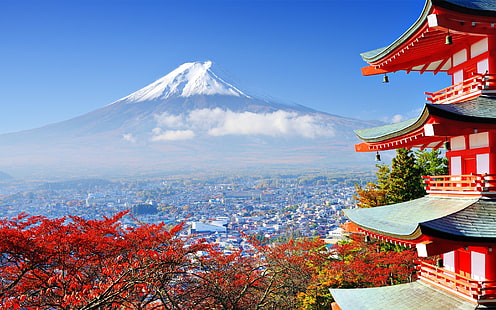 Mt. Fuji, Japan, mountains, Mount Fuji, Asian architecture, building, nature, trees, HD wallpaper HD wallpaper