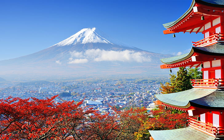 Berge, Bäume, Gebäude, Natur, asiatische Architektur, Japan, Fujisan, HD-Hintergrundbild