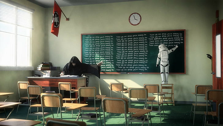 Star Wars, klassrum, robot, svarta tavlan, stolar, skrivbord, böcker, flagga, star wars, klassrum, robot, svart tavla, stolar, skrivbord, böcker, flagga, HD tapet