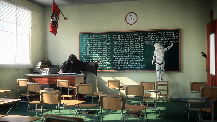 Star Wars Stormtrooper and Darth Sidious wallpaper, Star Wars, Emperor Palpatine, stormtrooper, school, classroom, cosplay, HD wallpaper