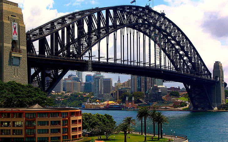 Harbour Bridge, Austrália, Austrália, Sydney Harbour Bridge, edifícios, palmeiras, mar, costa, HD papel de parede