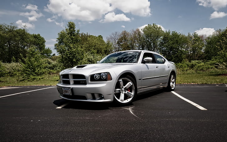 design, tuning, silver, supercar, front grille with black honeycomb, functional hood, Dodge Charger SRT8, cult car, 20-inch aluminum wheels, HD wallpaper