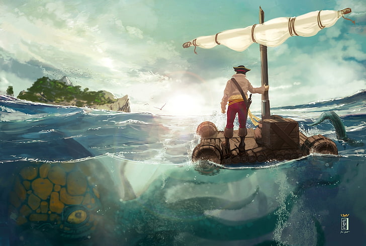 Gold D. Roger, sea, danger, people, island, monster, art, octopus, the raft, HD wallpaper