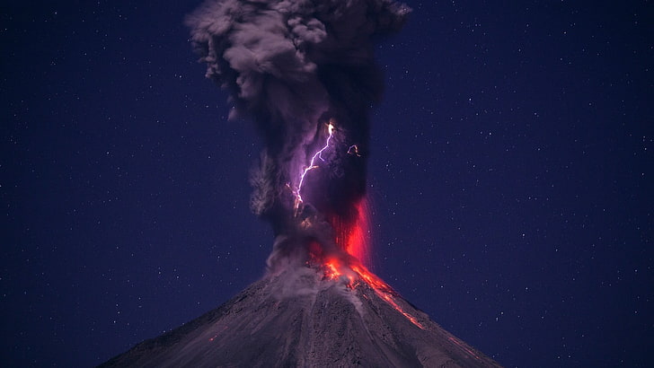 sfondo del vulcano, natura, vulcano, lava, fumo, fulmine, notte, stelle, esplosione, eruzioni, lunga esposizione, paesaggio, Hernando Rivera Cervantes, Sfondo HD