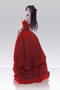 Fate Series, anime-flickor, Tohsaka Rin, anime, klänning, röd klänning, röda ögon, långt hår, bara axlar, enkel bakgrund, HD tapet HD wallpaper