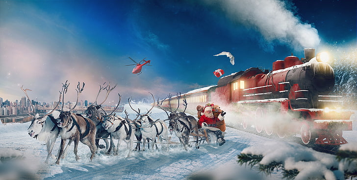 Снег, Зима, 4K, Подарки, Колесница северного оленя, Полярный экспресс, Дед Мороз, HD обои