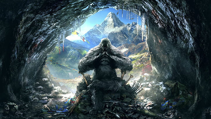 Clouds, Mountains, Look, Snow, Birds, Ice, Icicles, Cave, Light, Fur, Weapons, Bones, Ubisoft, Far Cry 4, Kyrat, Bigfoot, Gorilla, HD wallpaper
