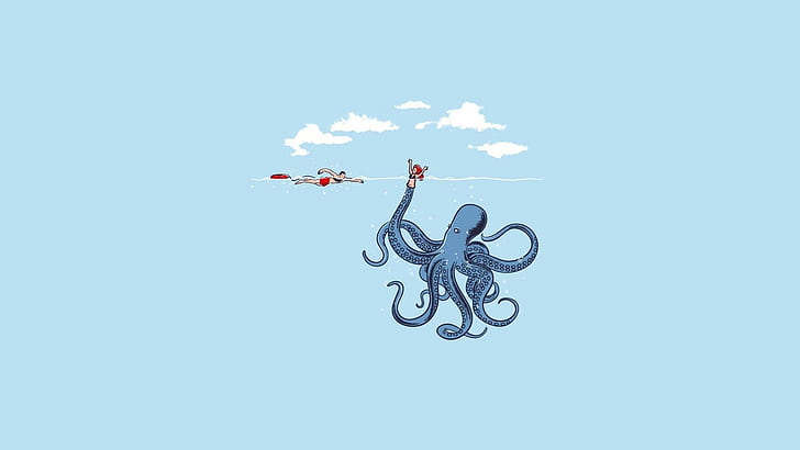 Забавен октопод, илюстрация син октопод, забавен, 1920x1080, октопод, HD тапет