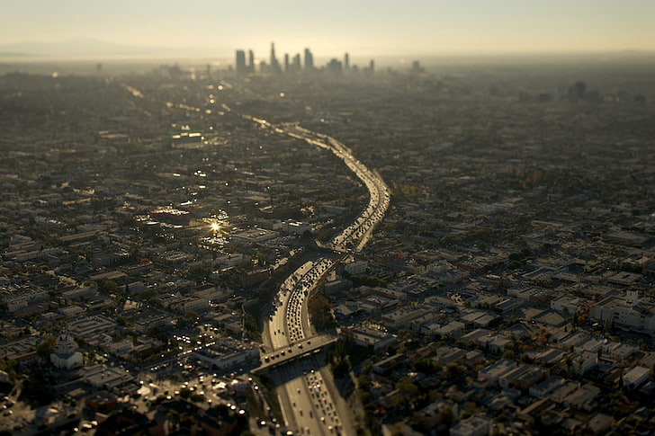 都市、ロサンゼルス、高速道路、道路、空撮、都市景観のtopview、 HDデスクトップの壁紙