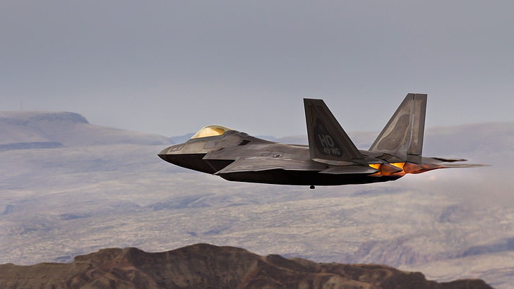 Jet en acier gris, F-22 Raptor, avion, avion militaire, postcombustion, Fond d'écran HD