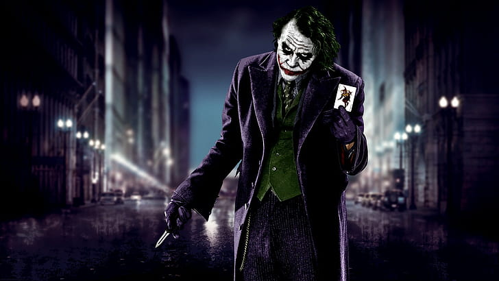 Heath Ledger, Messer, Karten, The Dark Knight, Batman, Joker, Stadt, verschwommen, MessenjahMatt, Filme, HD-Hintergrundbild