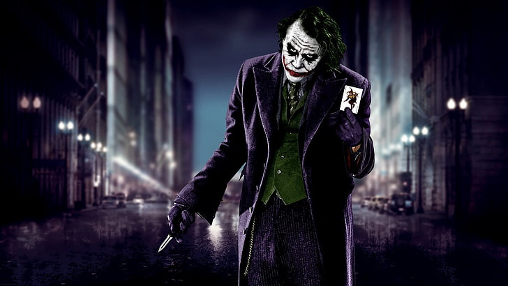 Papel de parede de Joker, Coringa, Batman, O Cavaleiro das Trevas, Heath Ledger, filmes, faca, cidade, turva, cartões, Messenjah, HD papel de parede