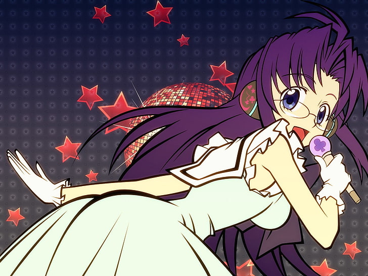 lila-haired kvinnlig anime karaktär håller mikrofon tapet, flicka, mikrofon, glasögon, scen, sångare, HD tapet