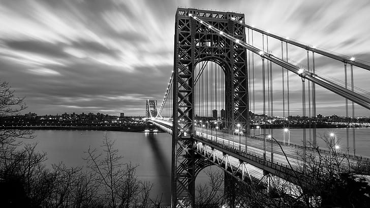 bro, svartvit, stad, George Washington Bridge, New York City, HD tapet