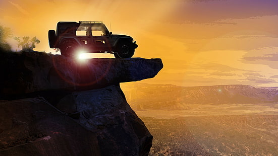 foto de silhueta de Jeep Wrangler perto do penhasco durante o pôr do sol, Jeep Switchback, papel de parede HD, Jeep Wrangler, SUV, conceito, HD papel de parede HD wallpaper