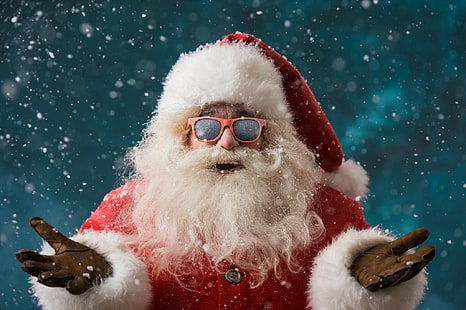 Babbo Natale, illustrazione di Babbo Natale, pelliccia, occhiali, barba, Natale, Capodanno, Natale, 2016, Babbo Natale, Babbo Natale, hipster, con una vacanza, Sfondo HD HD wallpaper