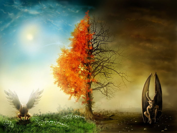 braunblättriger Baum zwischen Engel und Teufel wallpaper, Fantasie, Kreatur, Engel, Wasserspeier, HD-Hintergrundbild