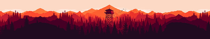 Firewatch, ultra-wide, trees, forest, mountains, tower, artwork, video games, HD wallpaper