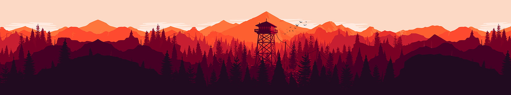 Firewatch, ультраширокий, деревья, лес, горы, башня, произведения искусства, видеоигры, HD обои HD wallpaper