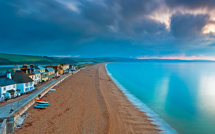 brown beach, nature, landscape, England, beach, sea, sunset, town, boat, sand, hills, water, clouds, HD wallpaper