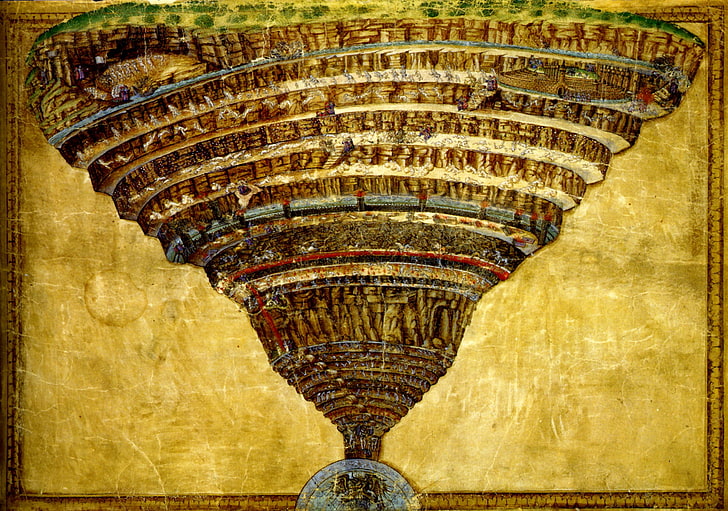 brown and beige artwork, picture, mythology, Sandro Botticelli, The Abyss Of Hell, HD wallpaper