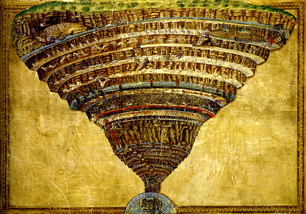 braune und beige Grafik, Bild, Mythologie, Sandro Botticelli, der Abgrund der Hölle, HD-Hintergrundbild HD wallpaper