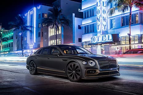 нощ, град, Bentley, черно, неон, Flying Spur, 2022 г, HD тапет HD wallpaper