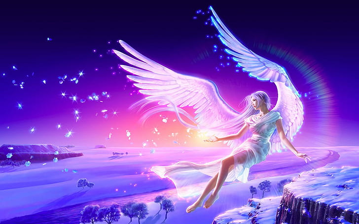 Angel Blonde Girl Anime Wings Flying Winter Snow, ангел, блондинка, момиче, аниме, крила, летене, зима, сняг, HD тапет