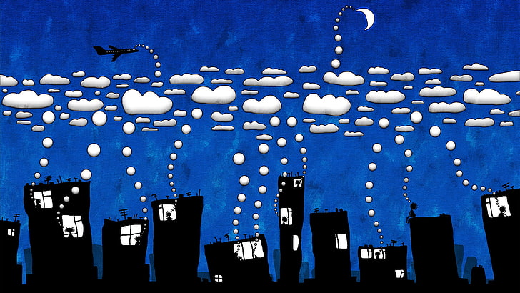 Vladstudio, Kunstwerk, Wolken, Gebäude, Flugzeug, HD-Hintergrundbild